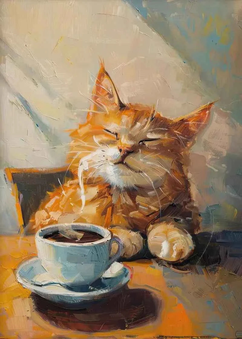 Orange Cat & Sunflower Canvas – Cozy Coffee-Themed Wall Art - Muselune