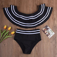 Black Striped Bikini Set – Sexy Off-Shoulder - Muselune