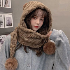 Cute Hooded  Hat Ear Protection Thickened Knitted Hat /Scarf Muselune