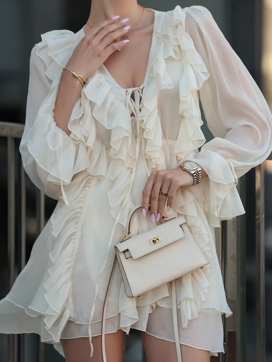 French Deep V Chiffon Mini Dress Skirt - Muselune