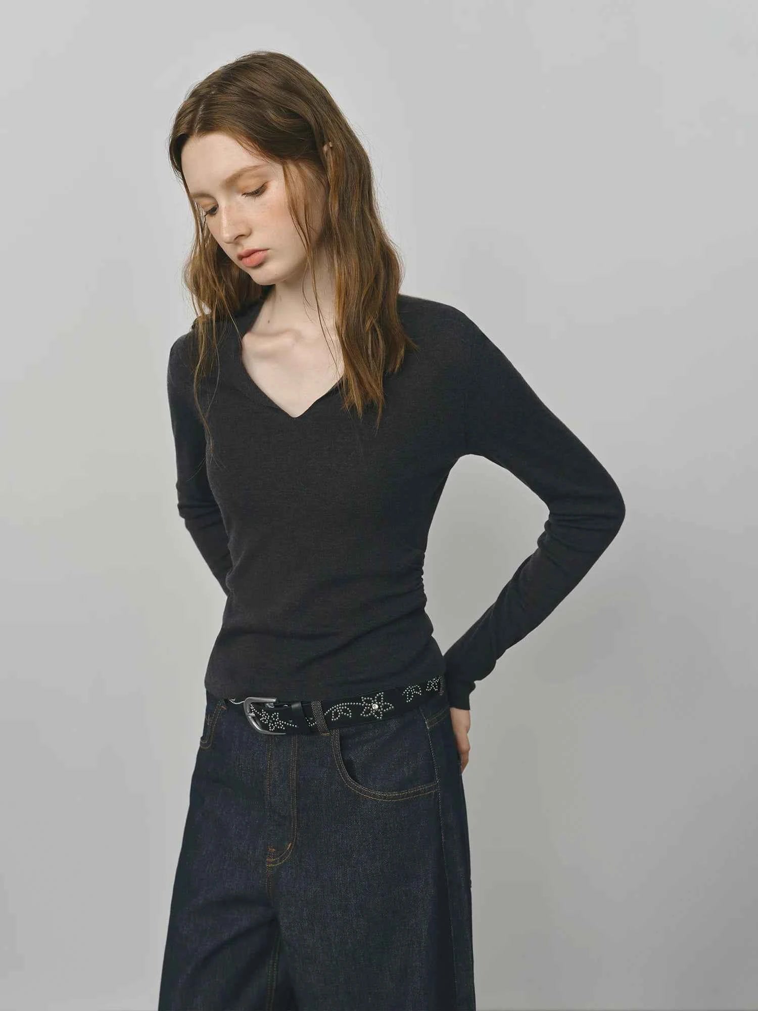 Wool Knit T-Shirt V-Neck Elegant Office Casual Minimalist Top - Muselune