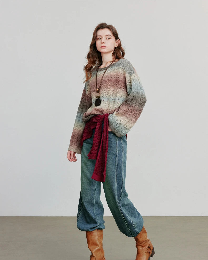 Round Neck Gradient Mohair Lightweight Woolen Knitted  Tops Muselune