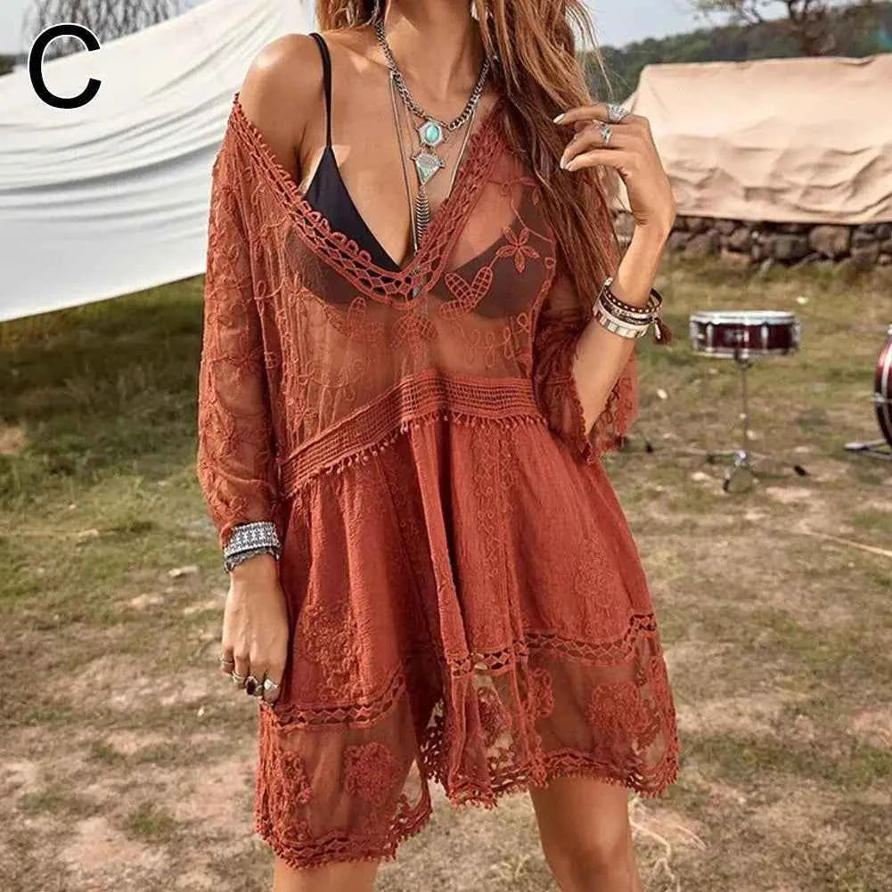 Sexy Mesh Bikini Cover-Up – Deep V-Neck Lace Beach Dress - Muselune
