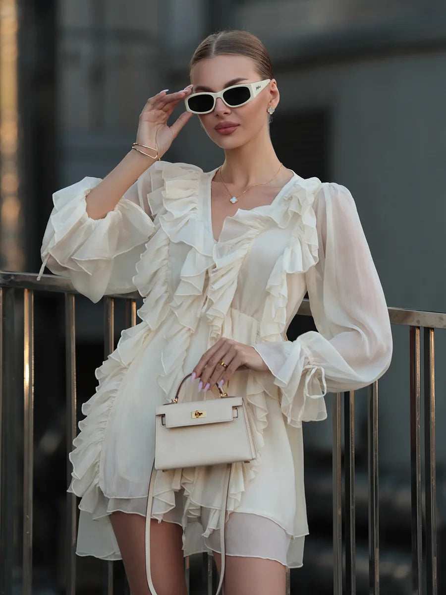 French Deep V Chiffon Mini Dress Skirt - Muselune