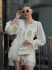 French Deep V Chiffon Mini Dress Skirt - Muselune