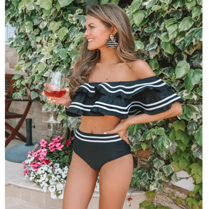 Black Striped Bikini Set – Sexy Off-Shoulder - Muselune