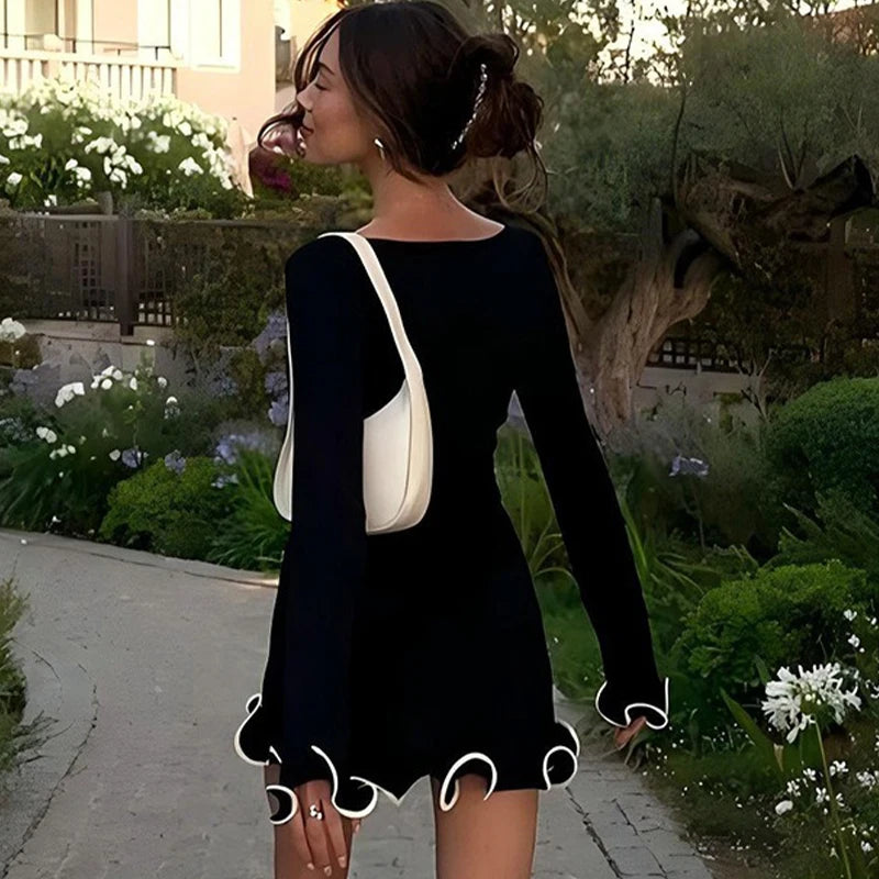 Chic Party Mini Dress – Slim Fit, Long Sleeve, Round Neck - Muselune