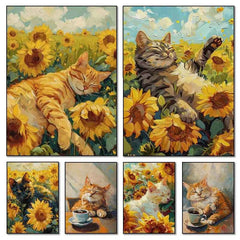 Orange Cat & Sunflower Canvas – Cozy Coffee-Themed Wall Art - Muselune