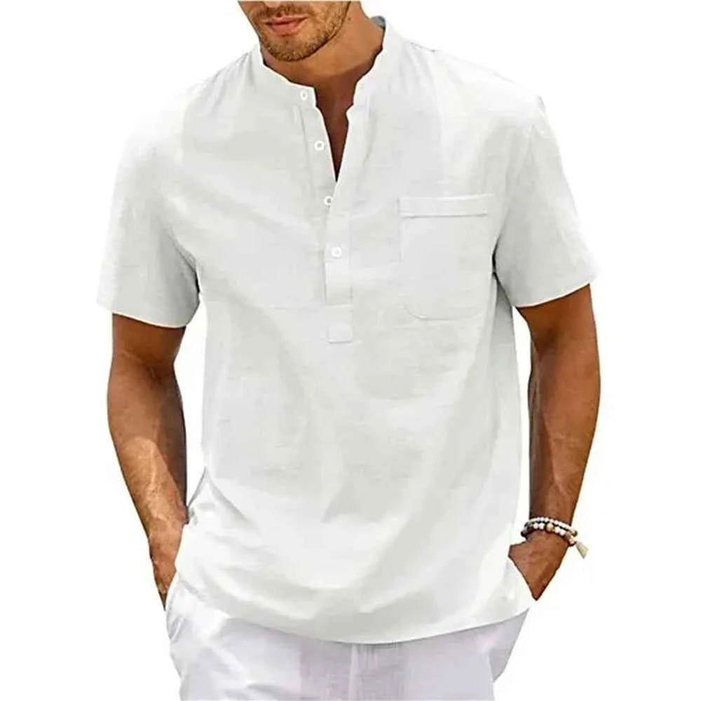 Men's Cotton Linen Henley Shirt with Pocket