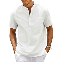 Men's Cotton Linen Henley Shirt with Pocket