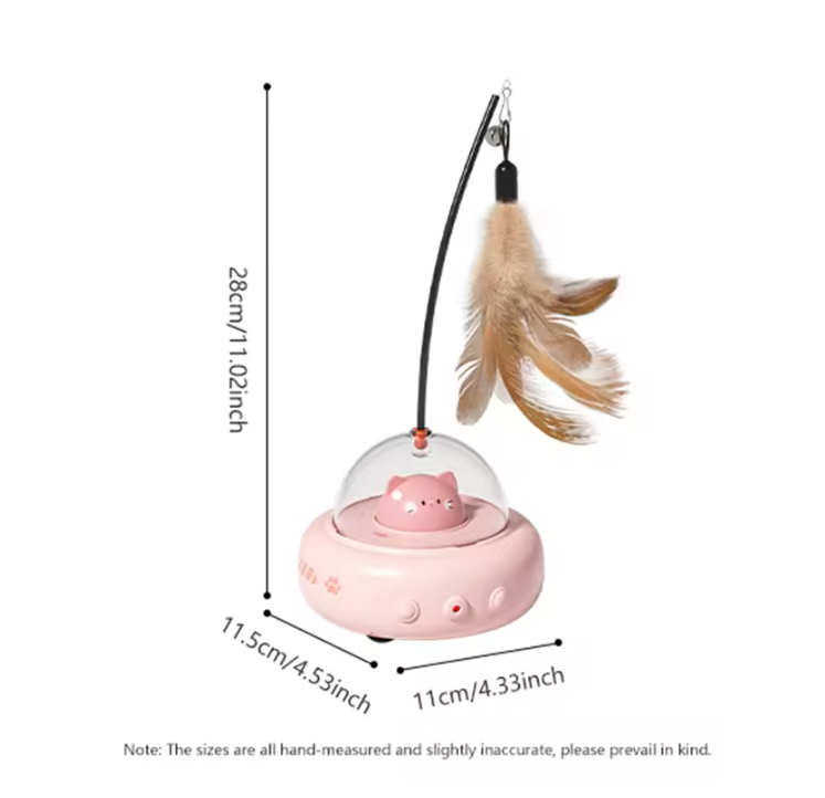 Pink pet toy with feather attachment and measurements on a white background