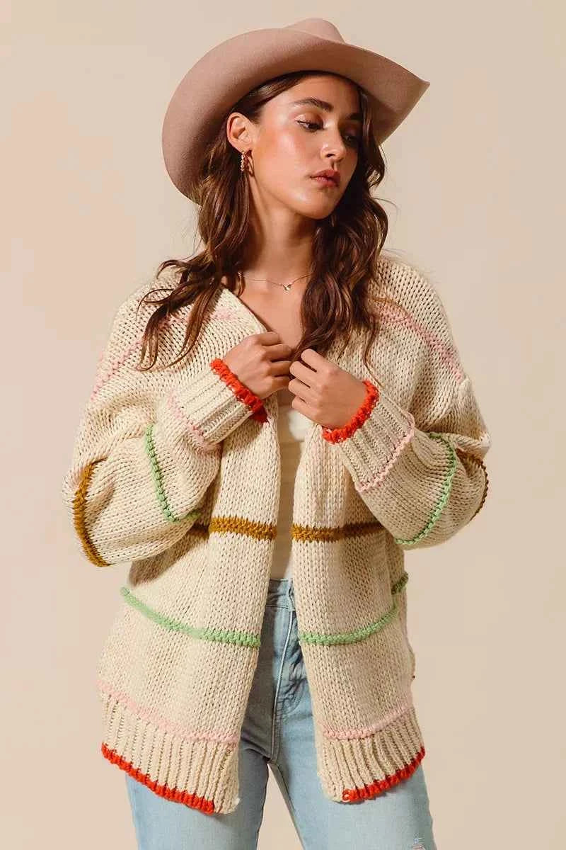 SO ME Loose Fit Multi Stripe Open Front Cardigan