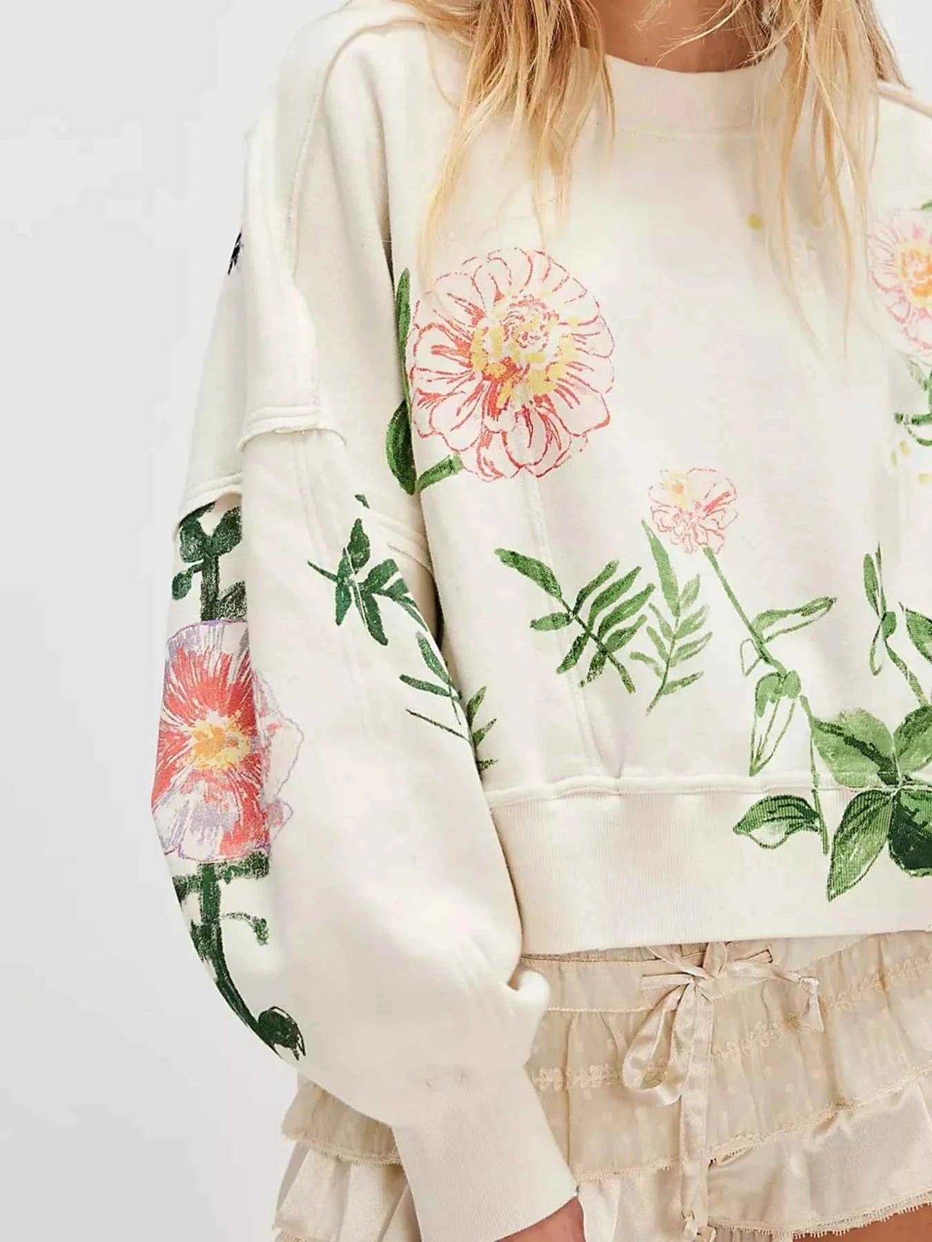 Printed Round Neck Dropped Shoulder Sweatshirt