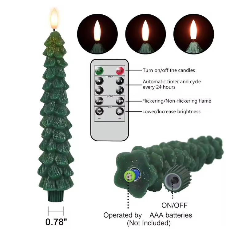 Decorative candle shaped like a Christmas tree with remote control and specifications on a white background