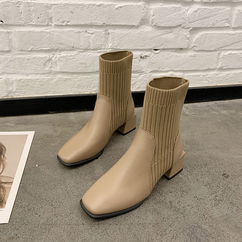 Niche Square Toe Thick Heel Socks Boots The Muse