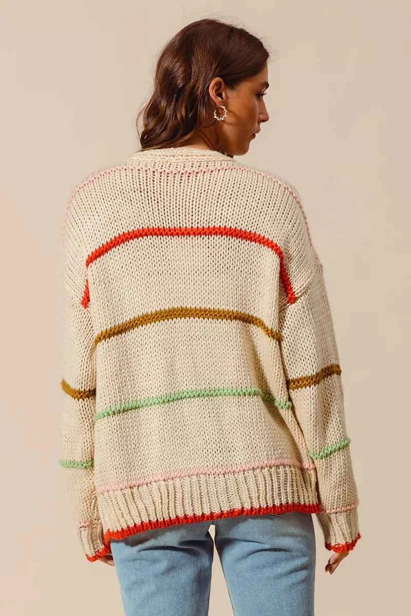 SO ME Loose Fit Multi Stripe Open Front Cardigan
