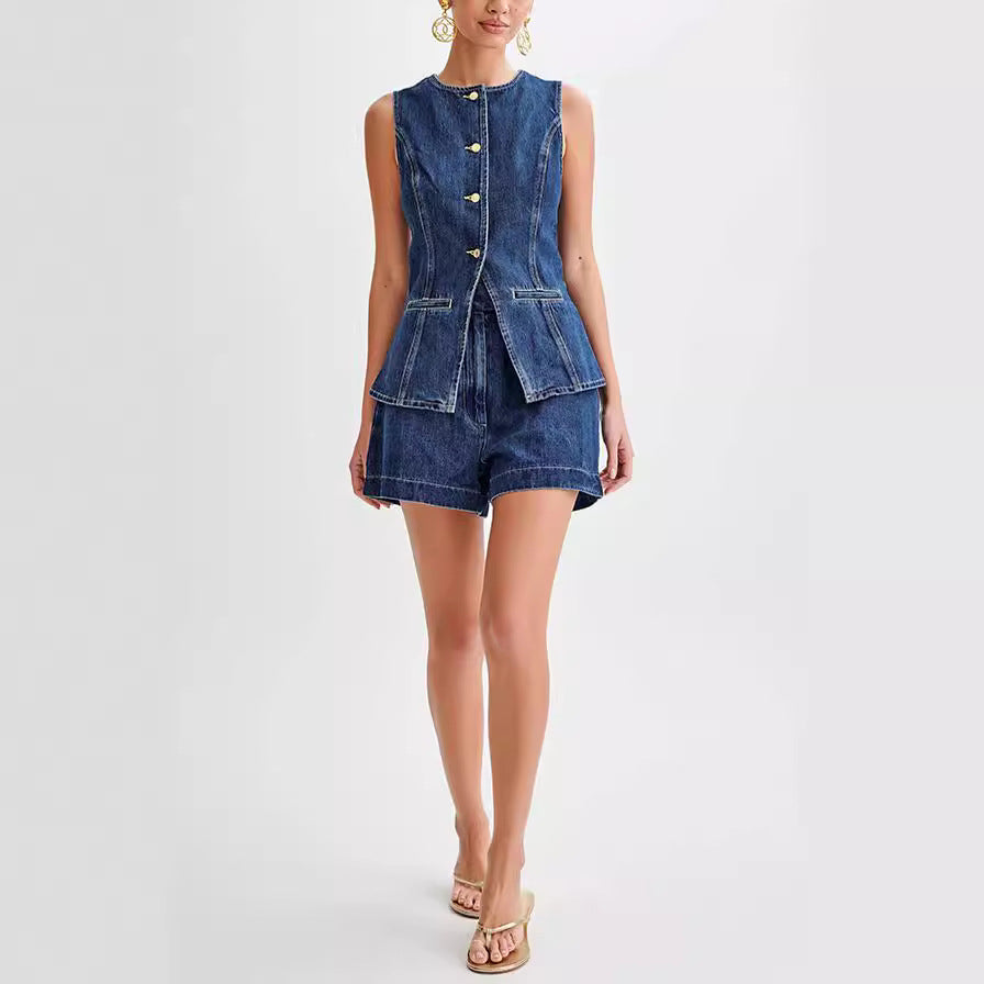 Denim Sleeveless Casual Suit: Stylish Top and Pants Set