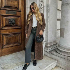 Vintage Double Breasted Lapel Shift Long Coat With Belt