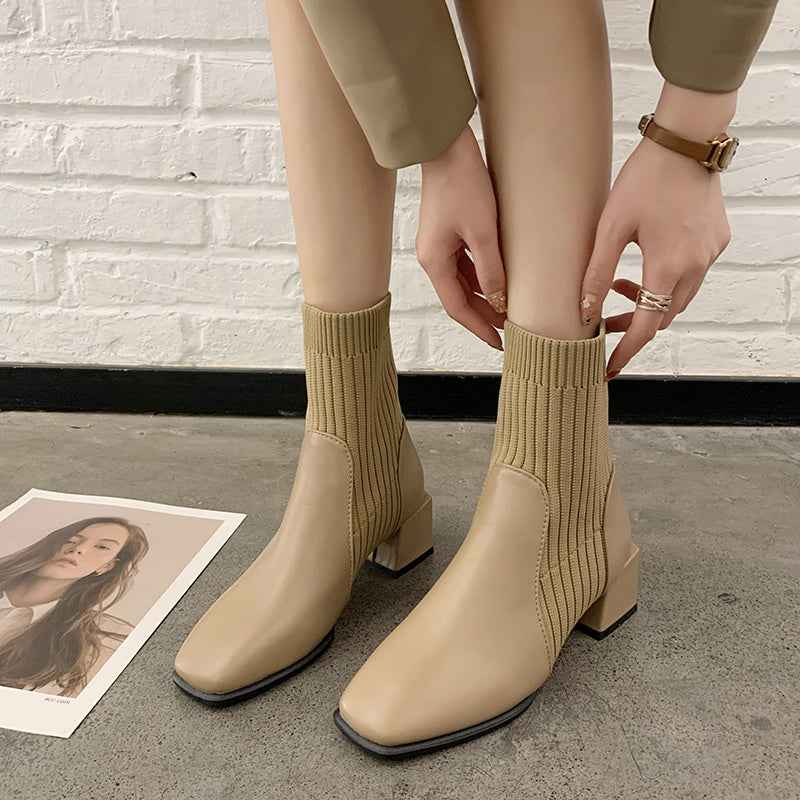 Niche Square Toe Thick Heel Socks Boots The Muse