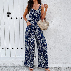 Printed Square Neck Jumpsuit – Casual Loose Fit with Pockets - Muselune