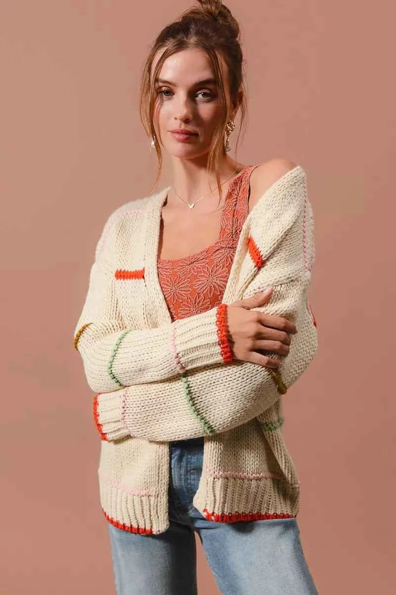 SO ME Loose Fit Multi Stripe Open Front Cardigan
