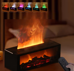 Fireplace Flame Humidifier with colorful flames and remote control in a cozy room setting.