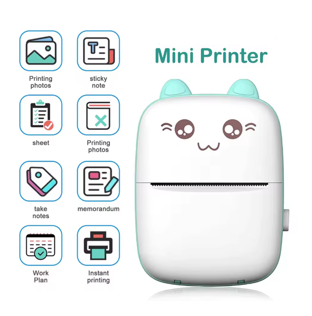 Wireless BT mini printer with cartoon face and icons on a white background
